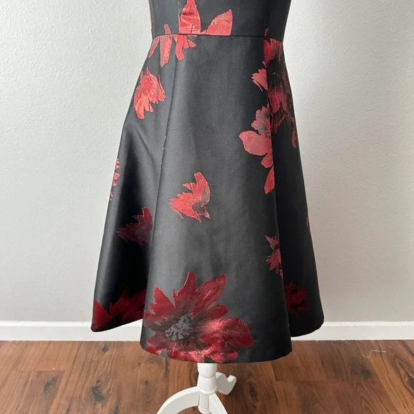 Calvin Klein Black Red Metallic Jacquard Sleeveless Fit Flare Dress Size 2
